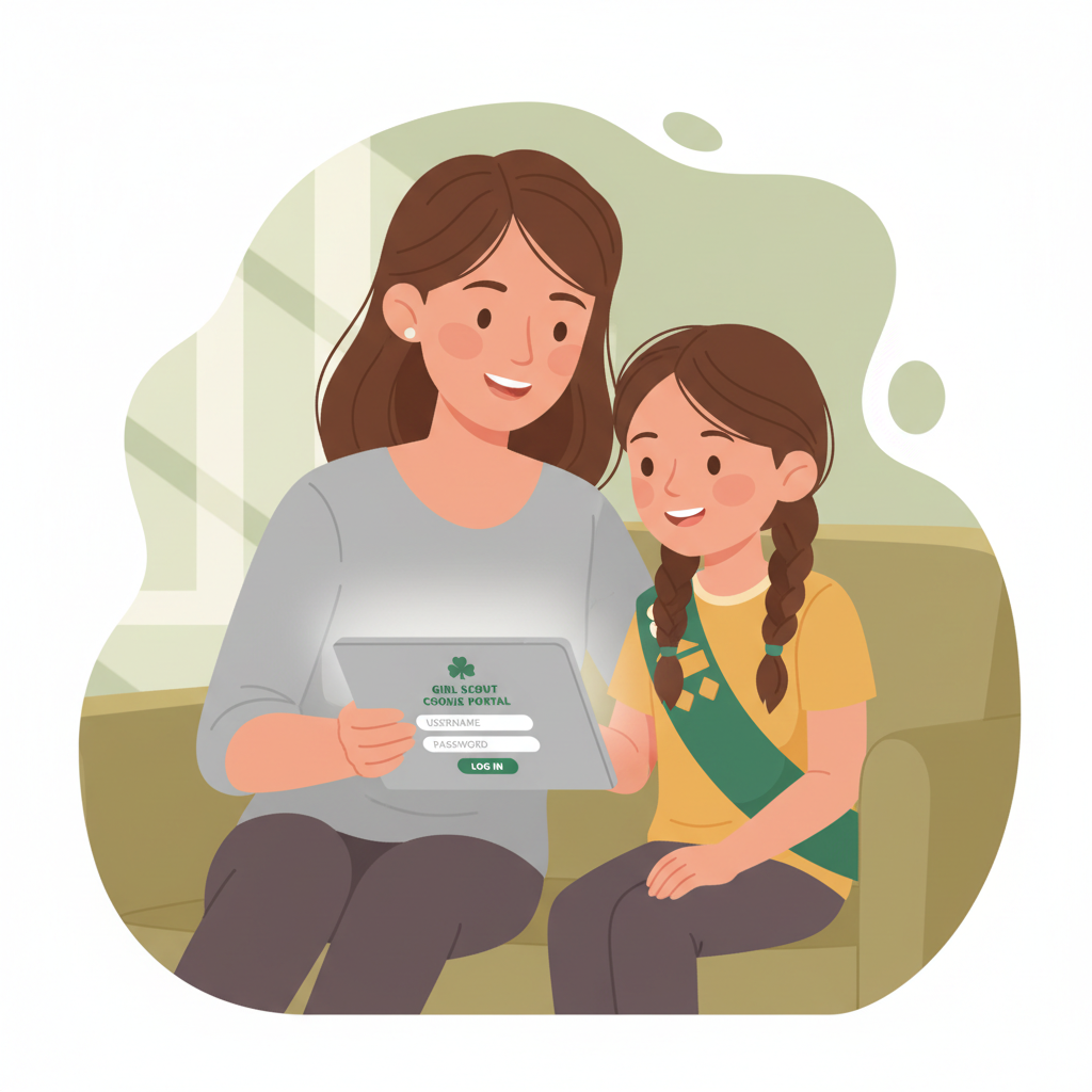 Parent helping Girl Scout with tablet login