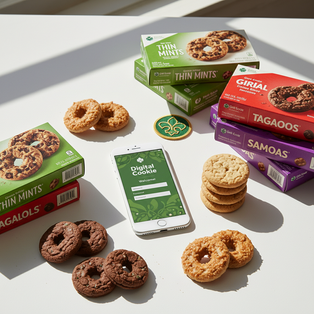 Girl Scout cookies and smartphone with Digital Cookie login screen