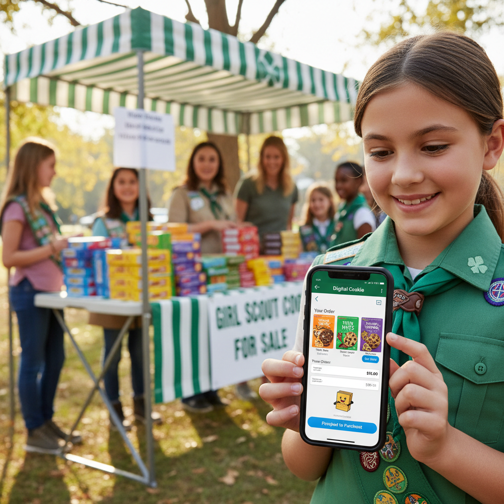 Girl Scout using mobile app at booth
